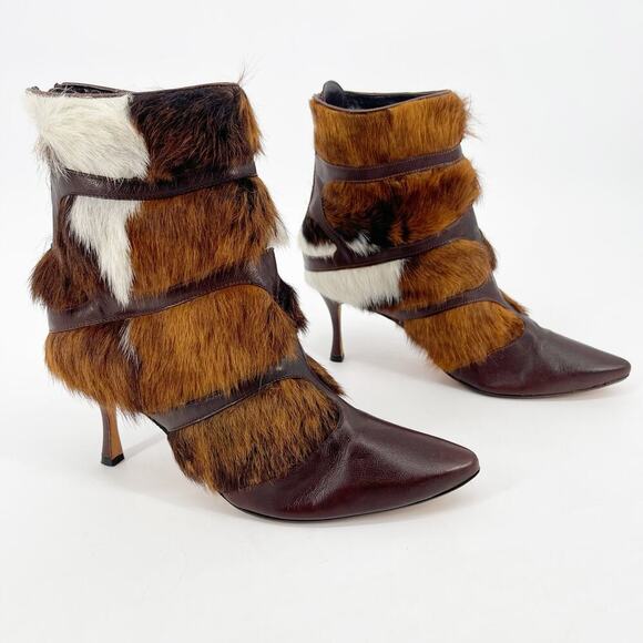 Manolo Blahnik y2k Retro Aziz Cowhide Fur Leather Pointed Toe Heeled Boot IT 41 - Picture 1 of 13